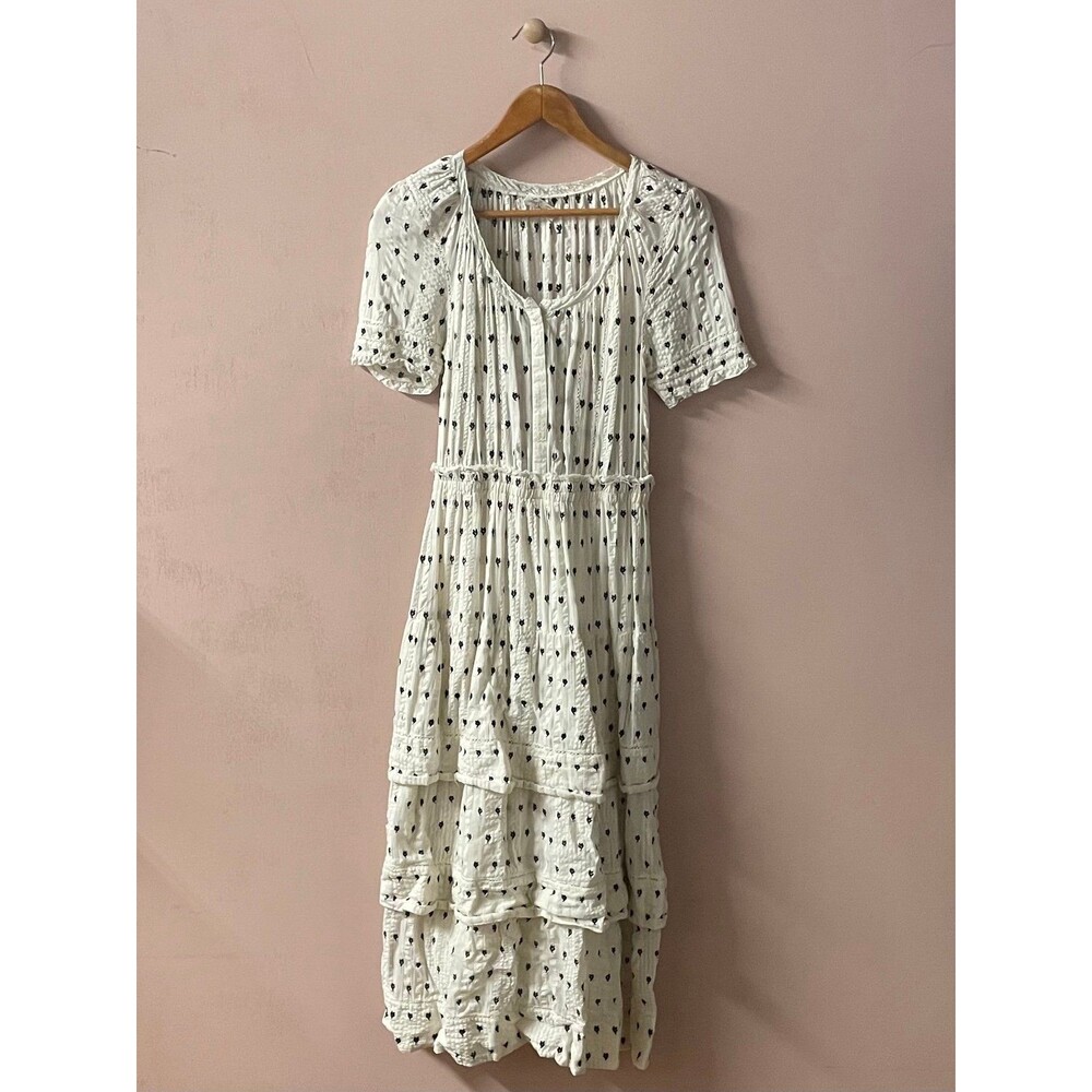 LoveShackFancy 100% Cotton Cream & Black Floral Print Tiered Maxi Dress Size S